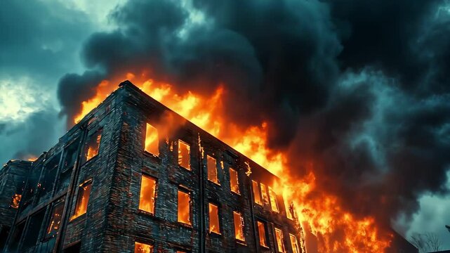 A building engulfed in flames, symbolizing destruction and danger.