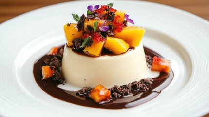 Layered panna cotta with rich topping of mango chunks and melted chocolate