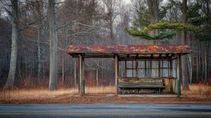 Obraz premium An abandoned bus stop sits beside a quiet rural road