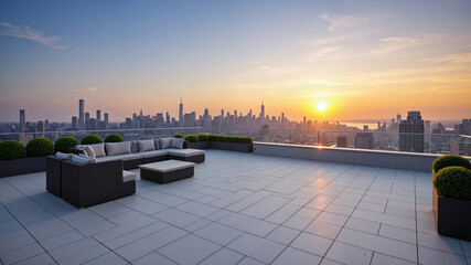 Fototapeta premium The image shows a rooftop terrace with a couch and a table on it