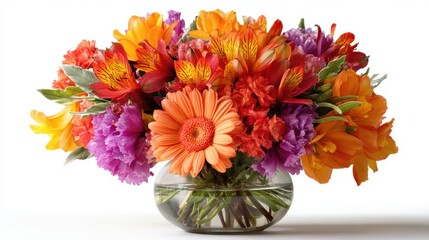 a vibrant flower bouquet in a glass vase on a white isolated background, fresh and cheerful look
