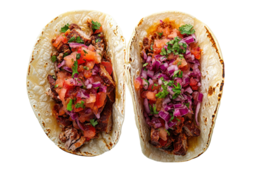 Delicious carne asada tacos with vibrant pico de gallo close up studio shot showing juicy meat and