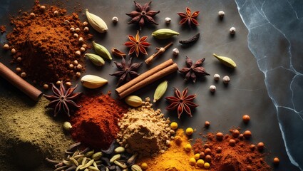 Dried ground spices mix for spicy tea or masala chai with cinnamon, anise, cardamom, and ginger on a white marble table