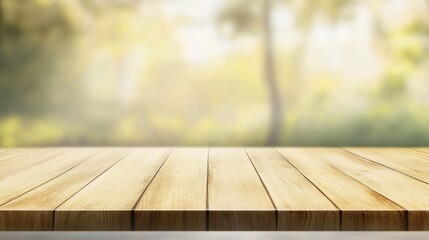 Wooden surface sits ready, providing spacious presentation area against blurred nature background.