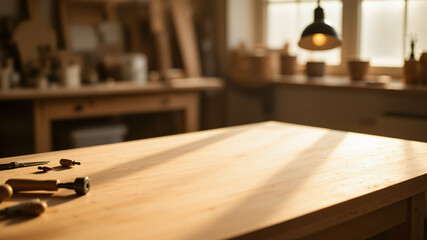 The image shows a wooden table with tools on top of it in a workshop