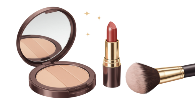 Isolated Makeup Set with Blush, Lipstick, and Brush for Beauty Enhancement