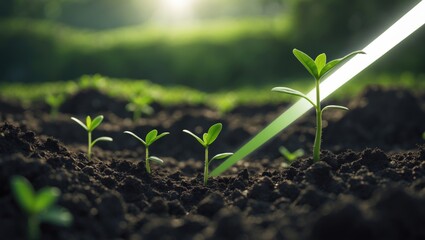 Fototapeta premium New green seedlings are flourishing in the rich earth illuminated by sunlight.