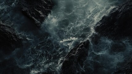 Dramatic aerial view of dark water surrounding jagged rock formations