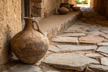 Africa Day clay water jug on stone floor highlighting cultural heritage theme