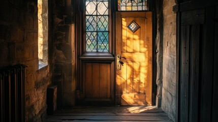 A wooden door and window illuminated by warm sunlight indoors