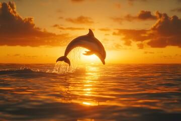 A dolphin leaps from the ocean at sunset with bright orange sun and clouds in the background sky view © niluksha