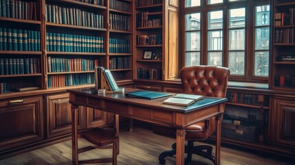 A classic home study with a vintage desk and bookshelves