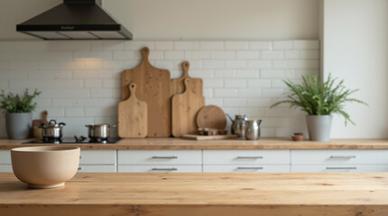 The image shows a kitchen with a wooden counter top and white cabinets. On the counter top there is a bowl