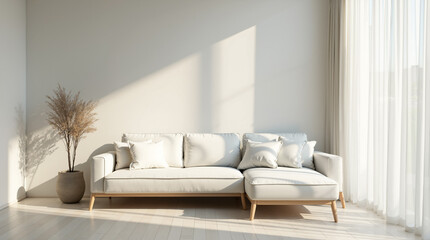 The image shows a white couch sitting in front of a window next to a plant