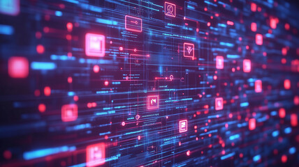 Naklejka premium Digital network concept with glowing icons and data streams, representing social networking and technology. vibrant colors create dynamic and engaging atmosphere