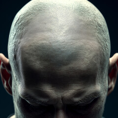 hyperrealistic close up of bald man head, showcasing detailed skin texture and contemplative expression. lighting emphasizes contours and features of scalp