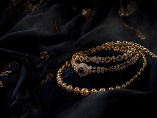 Fototapeta premium Luxurious Gold and Gemstone Bracelets: Elegant and Intricate Jewelry Accessories on Black Silk Background