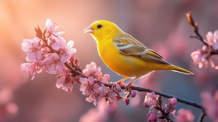 Yellow bird on blooming branch.