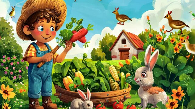 Funny animated gardener holding harvest