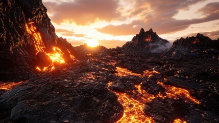 Fototapeta premium Molten lava flows through a volcanic landscape at sunset time
