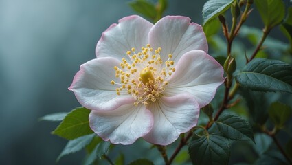 Fototapeta premium Full bloom of dog-rose with surrounding leaves
