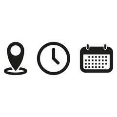 Ensemble d'icônes symbolisant un rendez-vous. fichier vectoriel, calendrier, montre et gps