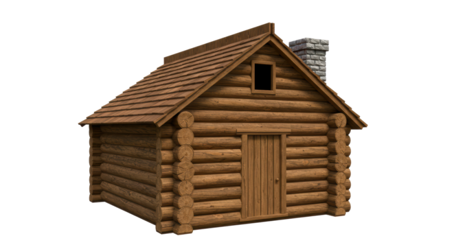 Isolated Wooden Log Cabin with Brick Chimney on White Background