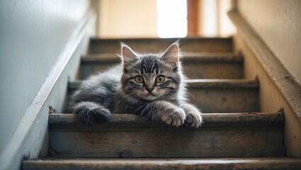 Sweet little cat within the house, sitting on the steps