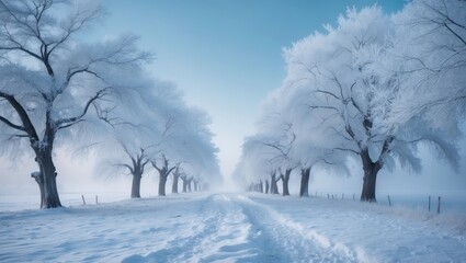 Obraz premium Enchanting winter landscape adorned with hoarfrost-covered trees