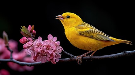 Fototapeta premium Yellow bird with pink flowers, and spring.