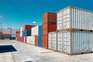 container industrial yard shipping export logistic concept crane forklift port blue sky background space road import business freight logistic transport industry service airplane ship truck cargo