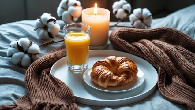 Morning meal in bed, presented on a white tray with a glass of fresh juice and a croissant bagel, complemented by a decorative cotton boll branch and a knitted sweater. Close-up, top view, background. - Powered by Adobe