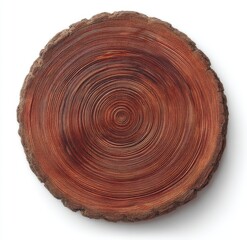 Fototapeta premium A freshly cut brown tree stump slice, displaying prominent age rings and wood grain, is shown isolated on white after being removed from the forest