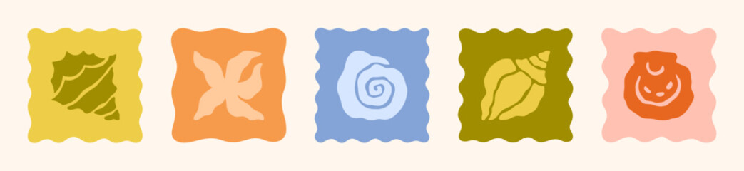 Boho Summer Seashells Icons in Retro Style. Abstract Simple Vector Illustrations of a Shells, Sea Star, Snail, Scallop for Logo, Patterns, T-Shirt Print, Stickers, Social Media Post and Stories