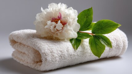 a clean white towel with a flower on top, perfect for a spa setting on a white isolated background, luxurious and serene look