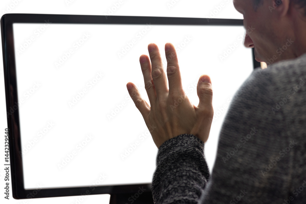Fototapete back view of worried young man using computer with empty screen for copy space. man at computer, bac