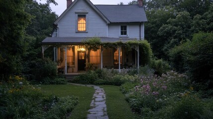 A quaint wooden house with lights surrounded by nature at dusk