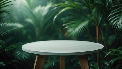Fototapeta premium Jungle-inspired table setting. Interior table designed for a cosmetic item with a lush jungle backdrop.