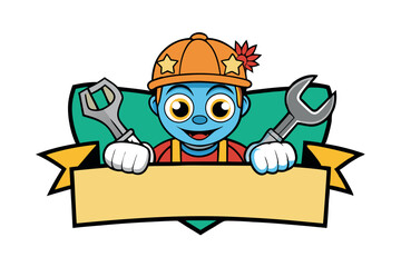 Cartoon labor union emblem with wrench, hammer, and hard hat symbols representing work and teamwork for Labor Day or Labour Day
