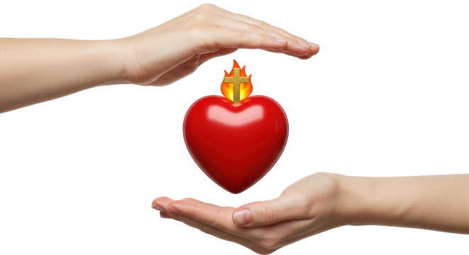 Isolated Heart with Cross and Flame Protected by Hands