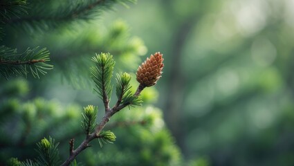 Buds on young green spruce branches during spring