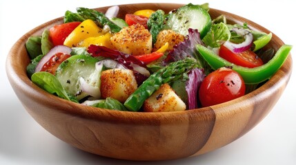 a fresh and vibrant salad bowl with a variety of vegetables on a white isolated background, healthy and natural design