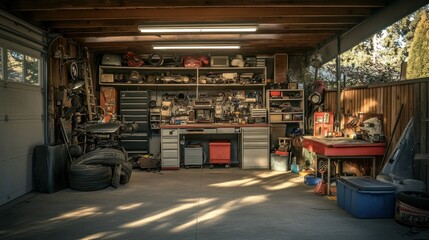A well lit and organized workshop space inside a garage