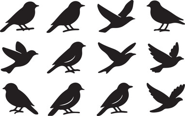  bird silhouettes, black and white, vector graphics, various poses, perched birds, flying birds, detailed bird shapes, minimalist design, ornithology illustration, nature clipart, bird watching guide,