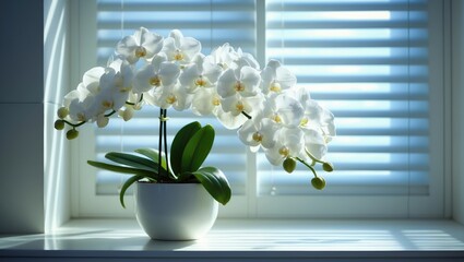 Blooming white orchids on the bathroom windowsill, white orchid petals bathed in natural light through blinds, low-maintenance orchids for home care
