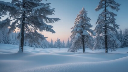 Obraz premium Sunset winter landscape featuring cold weather, abundant snow, and blue sky with snow-laden spruce trees