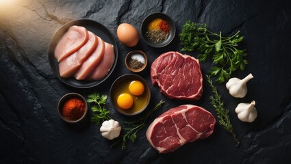 Background on carnivore diet featuring non-vegan protein sources like chicken, pork, beef, eggs, and spices with space for text