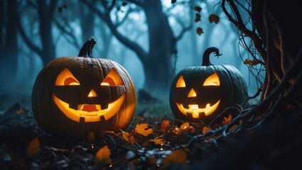 Obraz premium Jack O' Lanterns illuminated at night - Scene