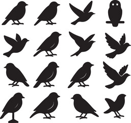  bird silhouettes, black and white, vector graphics, various poses, perched birds, flying birds, detailed bird shapes, minimalist design, ornithology illustration, nature clipart, bird watching guide,