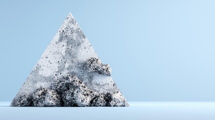 A white triangular pyramid with gray speckles sits on a light blue surface.